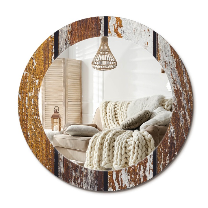 Kerek Fali Tükör Nyomtatott Mintával, Decormat, Sötét Vintage Fa, Barna, Ø60 cm, Nappali Szoba Díszítésére,, 010090550090300053762