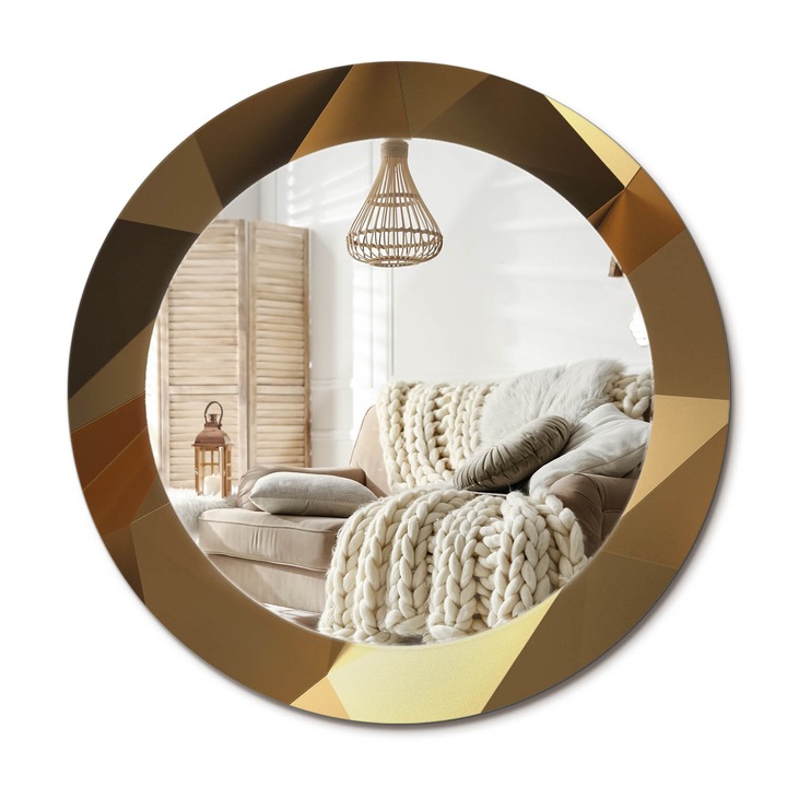 Kör Alakú Fali Tükör Nyomtatással, Decormat, Geometrikus Minta, Aranyszín, Ø60 cm, Lakásdíszítő Fali Tükör,, 010090550090300030950