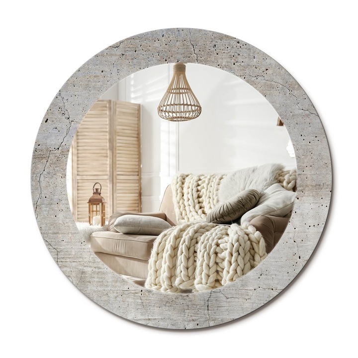 Kerek Fali Tükör Nyomtatott Mintával, Decormat, Szürke Beton, Szürke, Ø60 cm, Nappali Szoba Díszítésére,, 010090550090300053880
