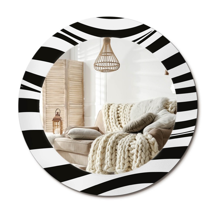 Kerek Tükör Grafikával, Decormat, Absztrakt Hullám, Fekete és fehér, Ø60 cm, Sminkeléshez És Borotválkozáshoz,, 010090550090300030961