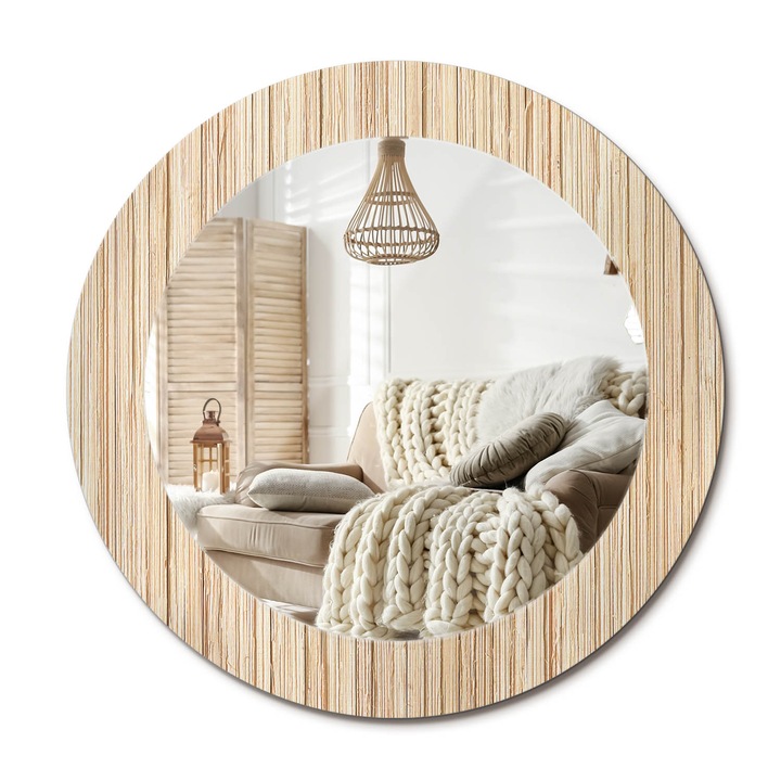 Kör Alakú Fali Tükör Nyomtatással, Decormat, Bambusz Szalma, Bézs, Ø60 cm, Lakásdíszítő Fali Tükör,, 010090550090300029815