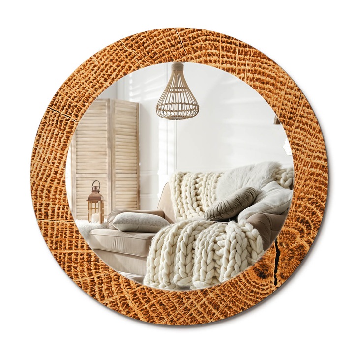 Kerek Tükör Kerettel És Nyomtatott Mintával, Decormat, Tölgyfa, Narancssárga, Ø60 cm, Beltéri Dekorációs Elem,, 010090550090300053745