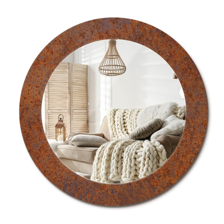 Kör Tükör Nyomtatott Mintával, Decormat, Rozsdás Fém, Barna, Ø60 cm, Fésülködőasztalhoz És Gardróbba,, 010090550090300053923