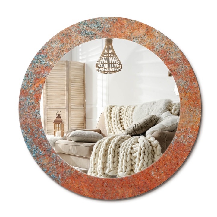 Kerek Tükör Grafikával, Decormat, Rozsdás Fém, Narancssárga, Ø60 cm, Sminkeléshez És Borotválkozáshoz,, 010090550090300053925