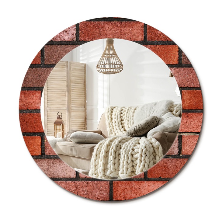 Kör Alakú Fali Tükör Nyomtatással, Decormat, Vörös Tégla, Piros, Ø60 cm, Lakásdíszítő Fali Tükör,, 010090550090300053899