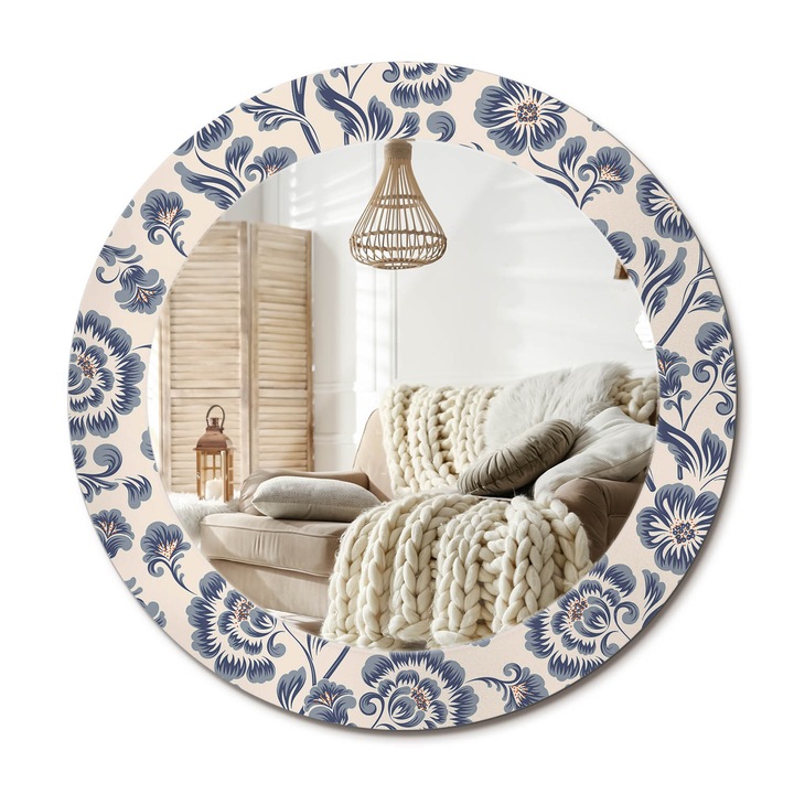 Kerek Tükör Kerettel És Nyomtatott Mintával, Decormat, Virágminta, Krémszín, Ø60 cm, Beltéri Dekorációs Elem,, 010090550090300020983