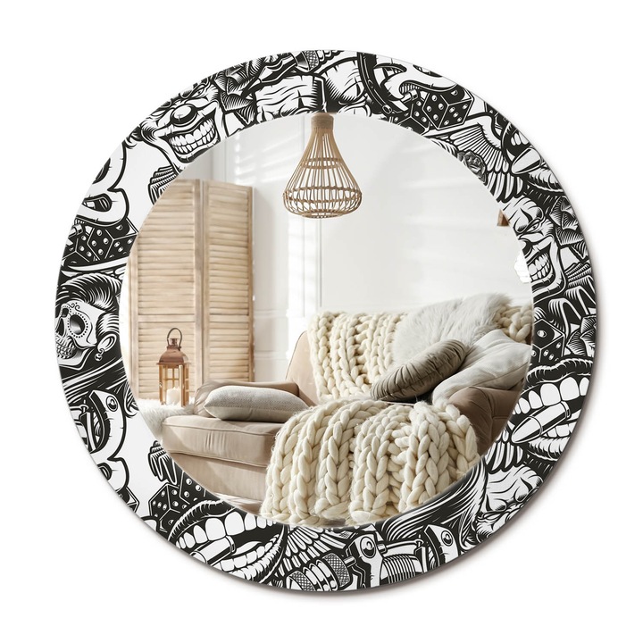 Kerek Tükör Nyomtatással, Decormat, Graffiti Bohócok, Fekete és fehér, Ø60 cm, Nappaliba És Szobába,, 010090550090300054118