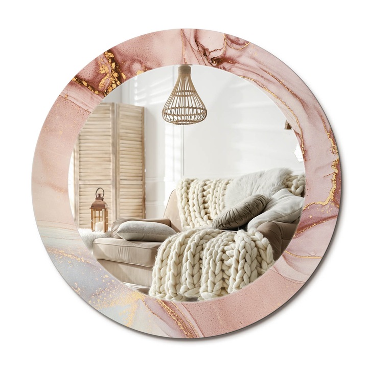 Kör Alakú Tükör Mintával, Decormat, Absztrakt Folyadék, Rózsaszín, Ø60 cm, Stílusos Fali Dekoráció,, 010090550090300072550