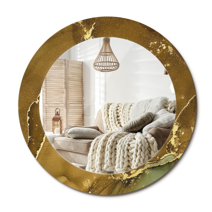 Kerek Fali Tükör Nyomtatott Mintával, Decormat, Fémes Örvények, Aranyszín, Ø60 cm, Nappali Szoba Díszítésére,, 010090550090300053828