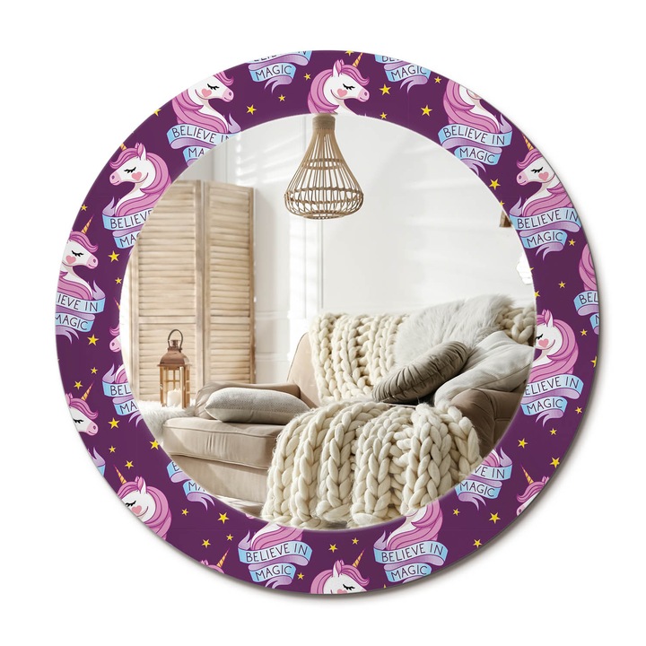 Kerek Tükör Grafikával, Decormat, Csillag Unikornis, Lila, Ø60 cm, Sminkeléshez És Borotválkozáshoz,, 010090550090300054069