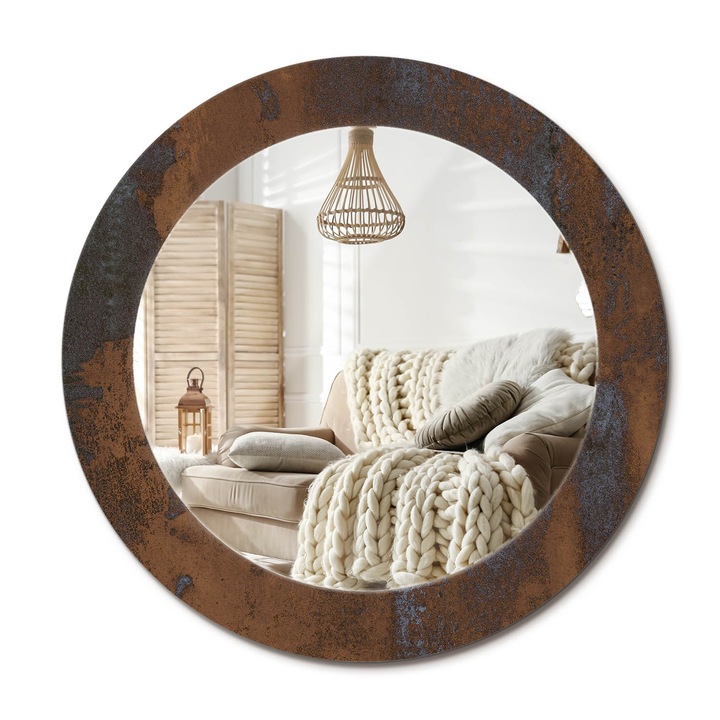 Kör Alakú Fali Tükör Nyomtatással, Decormat, Rusztikus Metál, Barna, Ø60 cm, Lakásdíszítő Fali Tükör,, 010090550090300053928
