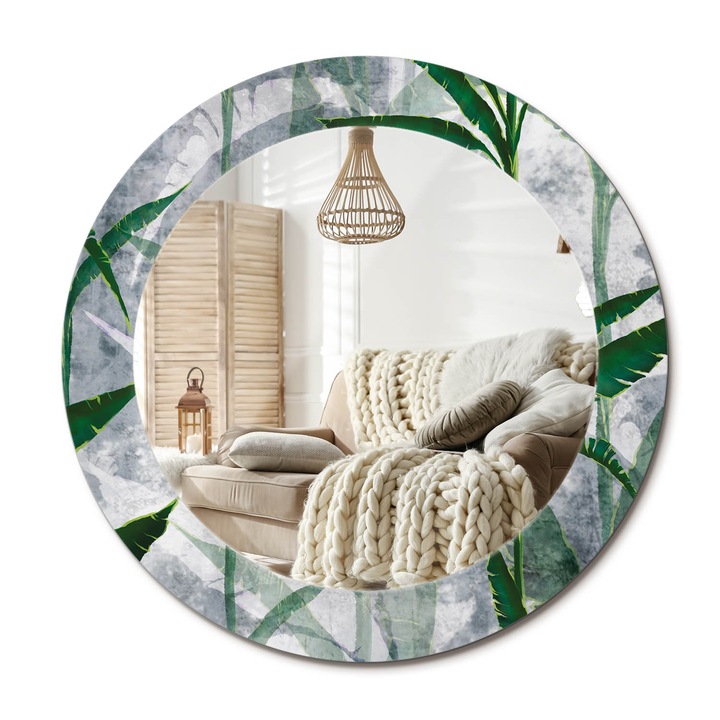 Kerek Fali Tükör Grafikával, Decormat, Trópusi Levelek, Krémszín, Ø60 cm, Különleges Kiegészítő Szobába,, 010090550090300053962