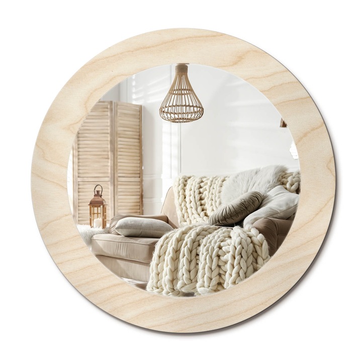Kör Alakú Fali Tükör Nyomtatással, Decormat, Világos Fa, Bézs, Ø60 cm, Lakásdíszítő Fali Tükör,, 010090550090300053750