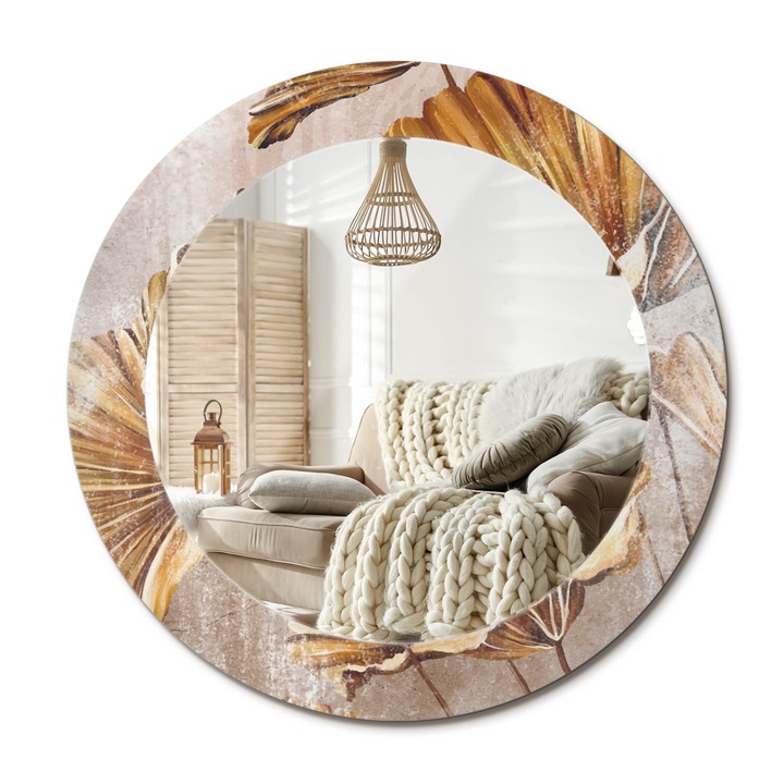 Kerek Tükör Nyomtatással, Decormat, Bohém Levelek, Sárga, Ø60 cm, Nappaliba És Szobába, 010090550090300053961
