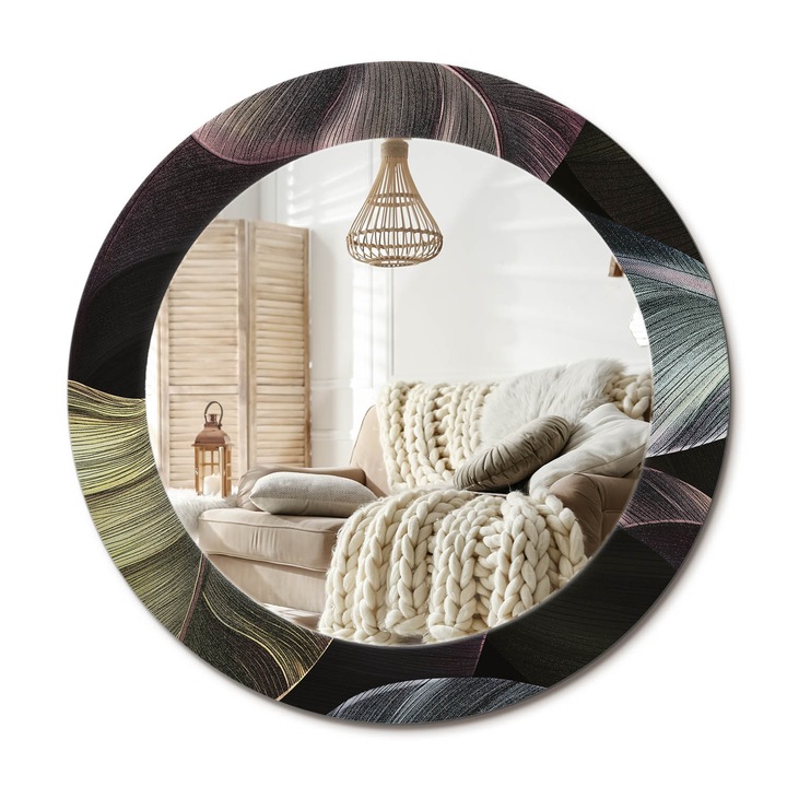 Kerek Tükör Grafikával, Decormat, Sötét Trópusi Levelek, Fekete, Ø60 cm, Sminkeléshez És Borotválkozáshoz,, 010090550090300054019