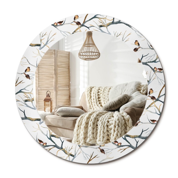 Kör Alakú Tükör Mintával, Decormat, Veréb Madarak Ágak, Fehér, Ø60 cm, Stílusos Fali Dekoráció,, 010090550090300029445