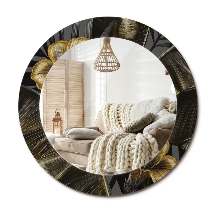 Kerek Tükör Kerettel És Nyomtatott Mintával, Decormat, Hibiszkusz Virágok, Fekete, Ø60 cm, Beltéri Dekorációs Elem,, 010090550090300053999