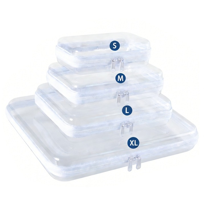 Set 4 Pungi Depozitare, Golxmse, 4 marimi, potrivite pentru depozitarea jucariilor, gustarilor, medicamentelor, produselor cosmetice de calatorie, articolelor de toaleta, material PET, 35x30x5cm, 25x20x5cm, 21x15x5cm, 19x10x5cm, Transparent