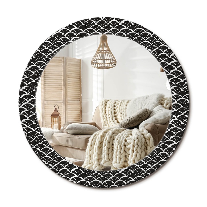 Kerek Tükör Kerettel És Nyomtatott Mintával, Decormat, Keleti Pikkelyek, Fekete és fehér, Ø70 cm, Beltéri Dekorációs Elem,, 010090550100300011744