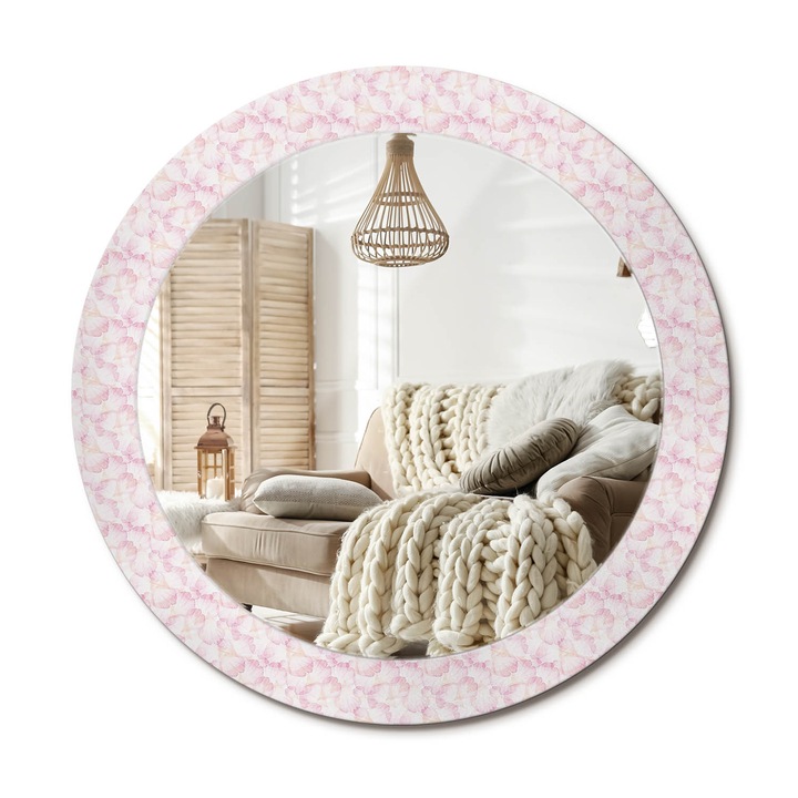 Kerek Tükör Grafikával, Decormat, Virágszirmok, Rózsaszín, Ø70 cm, Sminkeléshez És Borotválkozáshoz,, 010090550100300010745