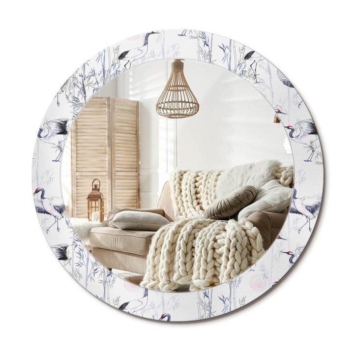 Kör Alakú Fali Tükör Nyomtatással, Decormat, Daru Madarak, Fehér, Ø70 cm, Lakásdíszítő Fali Tükör,, 010090550100300011561