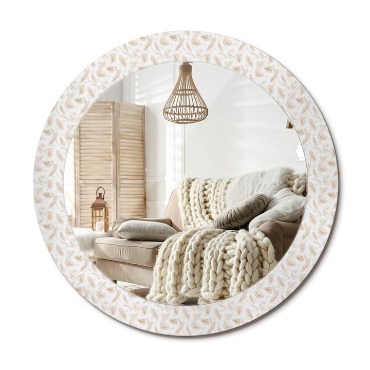 Kerek Fali Tükör Grafikával, Decormat, Madártollak, Krémszín, Ø70 cm, Különleges Kiegészítő Szobába,, 010090550100300011102