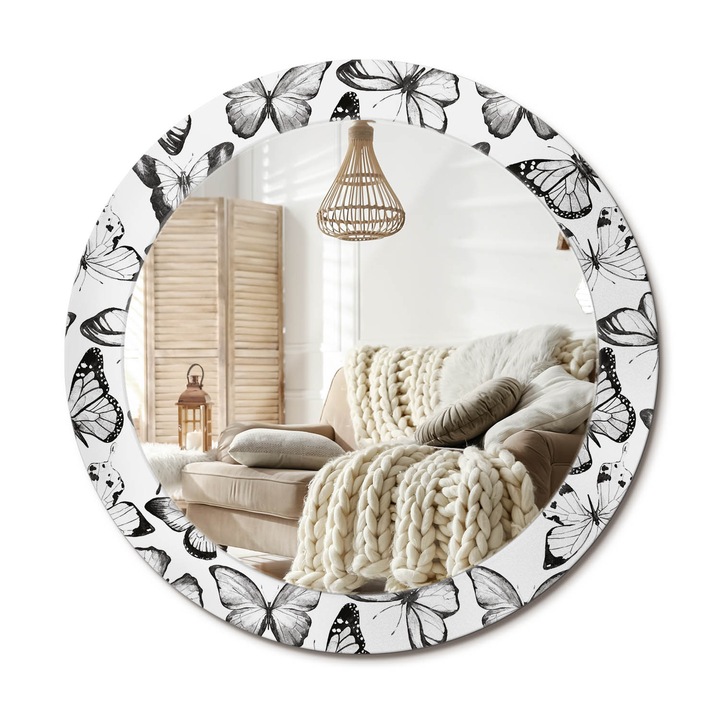 Kerek Tükör Nyomtatással, Decormat, Pillangók, Fekete és fehér, Ø70 cm, Nappaliba És Szobába,, 010090550100300012398