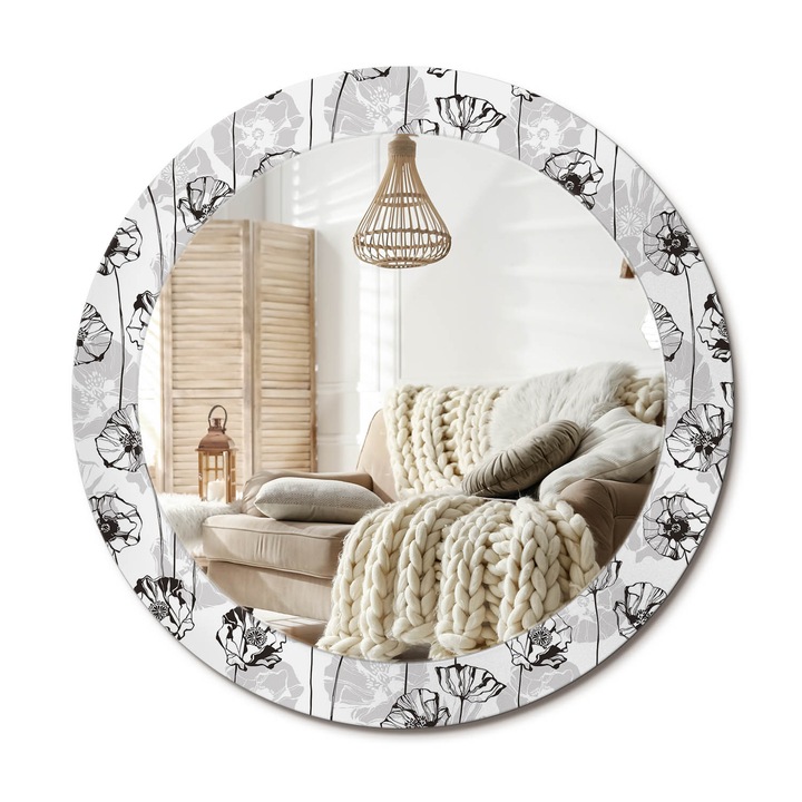 Kör Tükör Nyomtatott Mintával, Decormat, Pipacs Virágok, Fehér, Ø70 cm, Fésülködőasztalhoz És Gardróbba,, 010090550100300010815