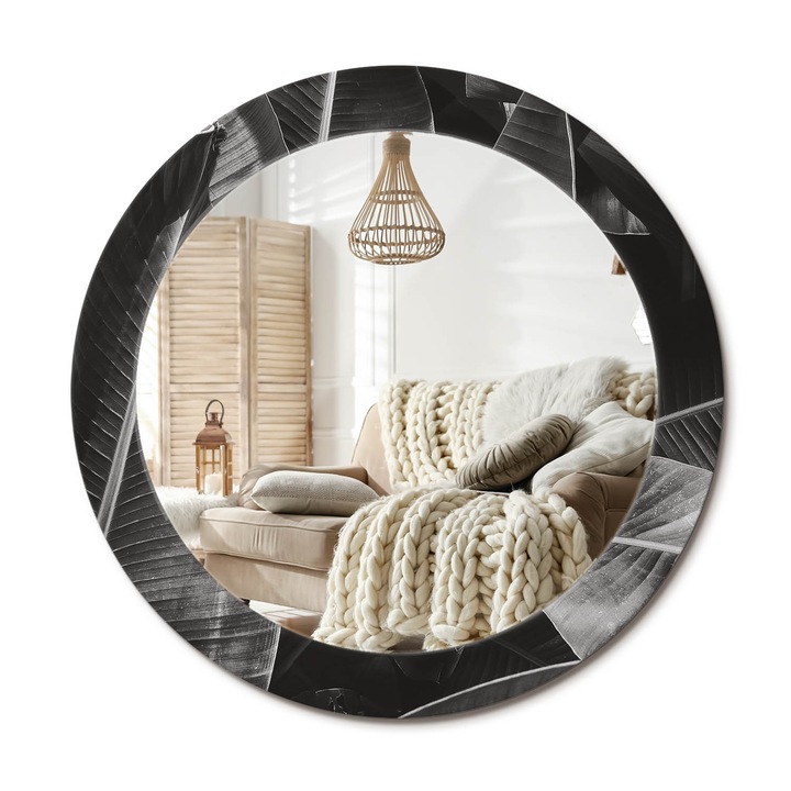 Kerek Tükör Nyomtatással, Decormat, Trópusi Pálmafák, Szürke, Ø70 cm, Nappaliba És Szobába,, 010090550100300012514