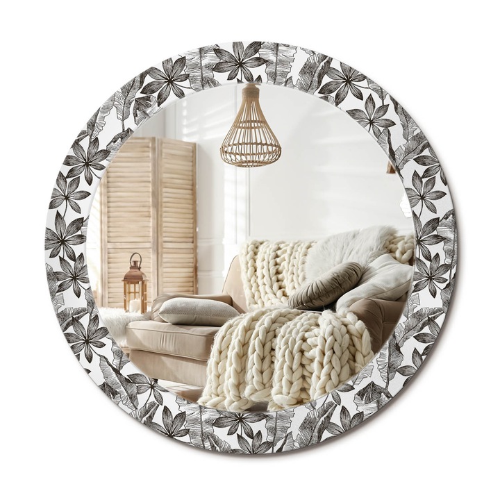Kör Tükör Nyomtatott Mintával, Decormat, Trópusi Levelek, Fekete és fehér, Ø70 cm, Fésülködőasztalhoz És Gardróbba,, 010090550100300012643