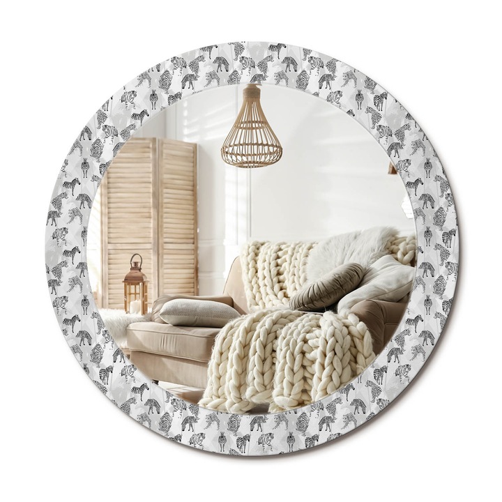Kör Tükör Grafikai Mintával, Decormat, Trópusi Tigris, Fekete és fehér, Ø70 cm, Előszobába És Folyosóra,, 010090550100300019161