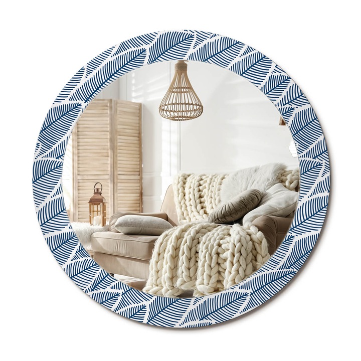 Kerek Fali Tükör Grafikával, Decormat, Levelek, Kék, Ø70 cm, Különleges Kiegészítő Szobába,, 010090550100300010801