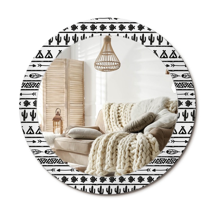 Kerek Fali Tükör Grafikával, Decormat, Bohém Minimalista, Fekete és fehér, Ø70 cm, Különleges Kiegészítő Szobába,, 010090550100300012280