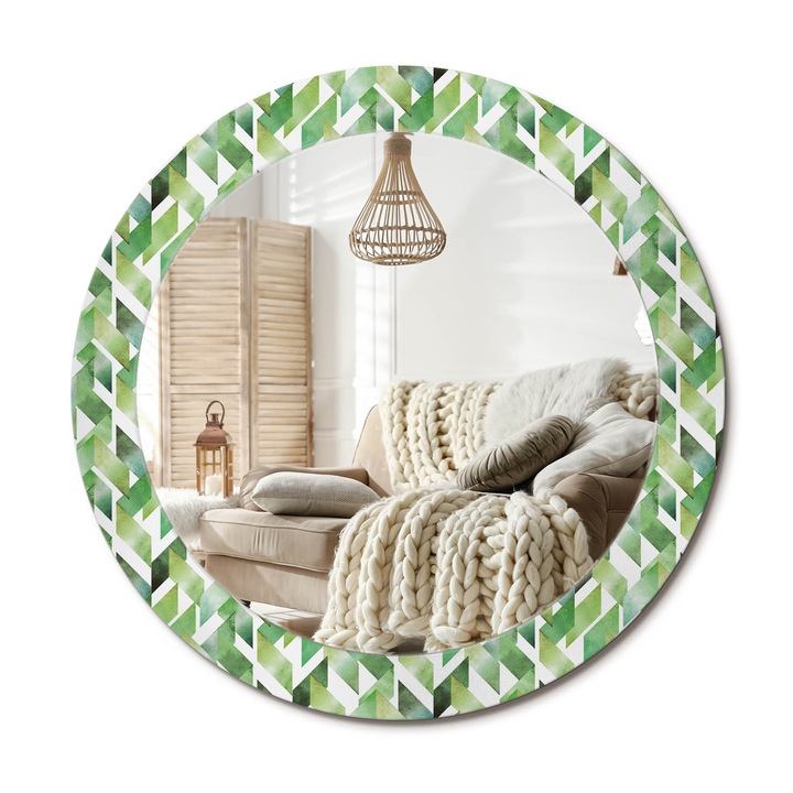 Kör Alakú Tükör Mintával, Decormat, Halszálkás, Zöld, Ø70 cm, Stílusos Fali Dekoráció,, 010090550100300011575