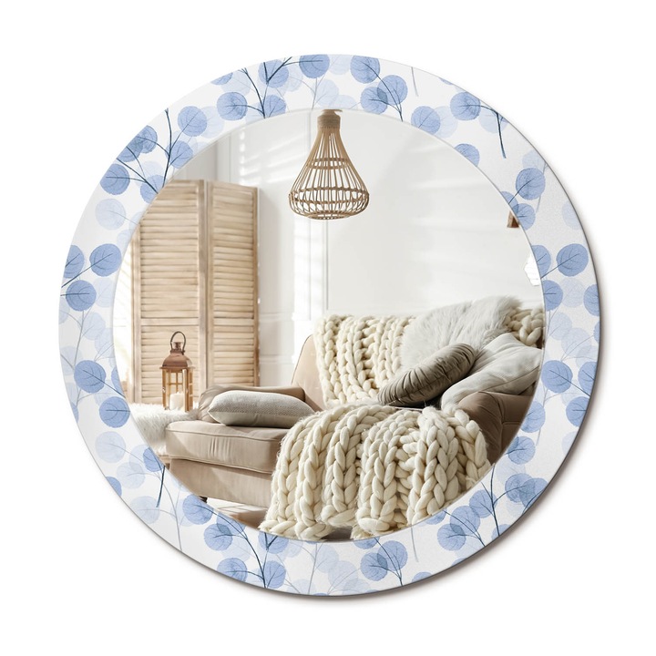 Kör Tükör Nyomtatott Mintával, Decormat, Ágak És Levelek, Kék, Ø70 cm, Fésülködőasztalhoz És Gardróbba,, 010090550100300010833