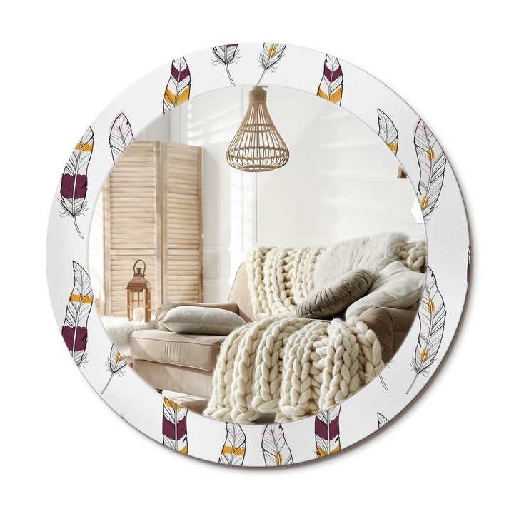 Kör Alakú Fali Tükör Nyomtatással, Decormat, Tollak, Fehér, Ø70 cm, Lakásdíszítő Fali Tükör,, 010090550100300029863