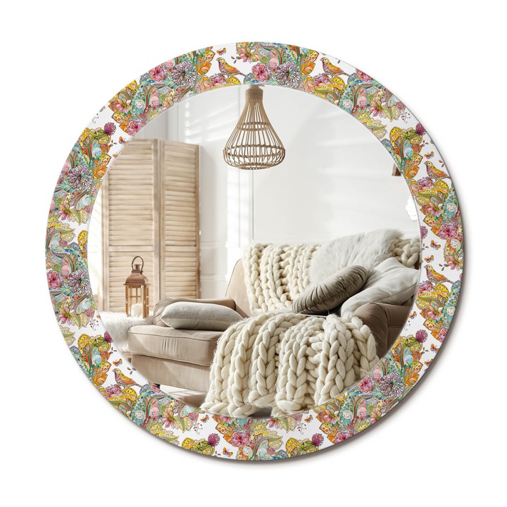 Kerek Fali Tükör Nyomtatott Mintával, Decormat, Mesebeli Virágok, Többszínű, Ø70 cm, Nappali Szoba Díszítésére,, 010090550100300011202