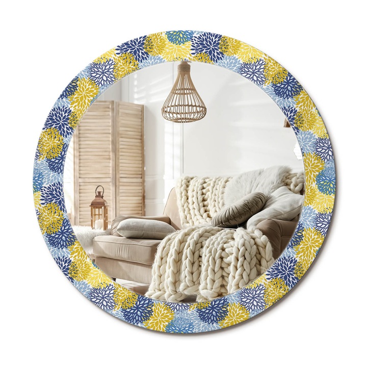 Kör Alakú Tükör Mintával, Decormat, Kék Virágok, Többszínű, Ø70 cm, Stílusos Fali Dekoráció,, 010090550100300029902