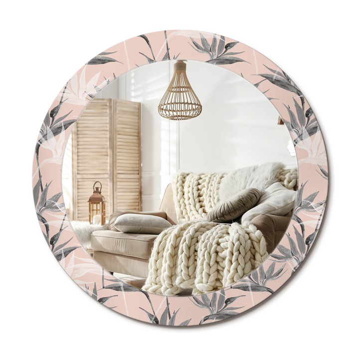 Kerek Fali Tükör Grafikával, Decormat, Strelitzia, Többszínű, Ø70 cm, Különleges Kiegészítő Szobába,, 010090550100300013308