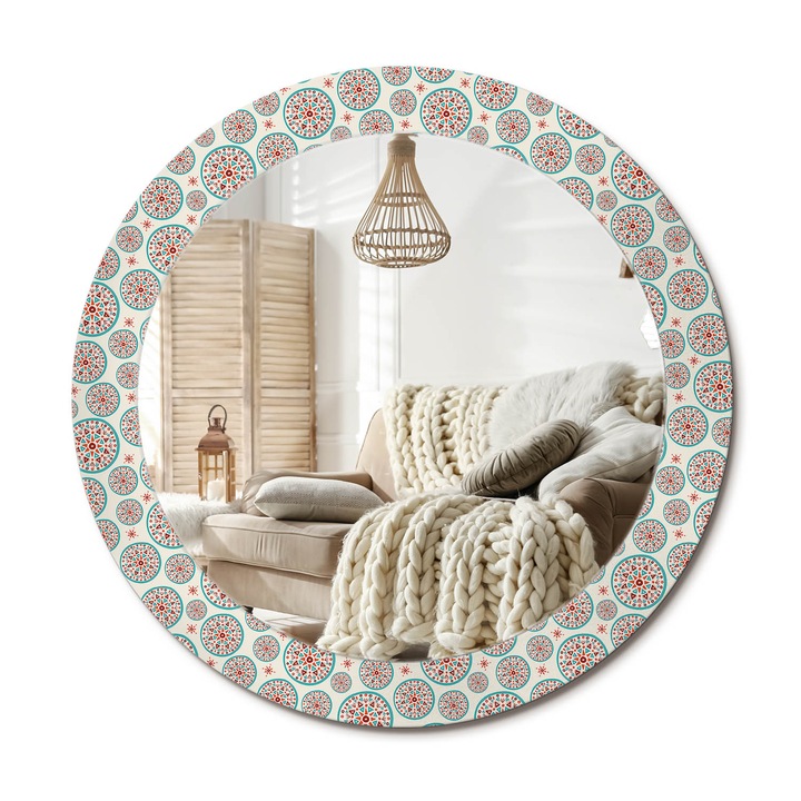 Kerek Fali Tükör Grafikával, Decormat, Bohém Minta, Többszínű, Ø70 cm, Különleges Kiegészítő Szobába,, 010090550100300012780