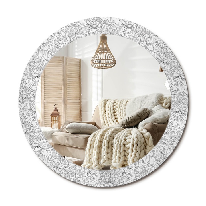Kerek Fali Tükör Nyomtatott Mintával, Decormat, Lótuszvirágok, Fehér, Ø70 cm, Nappali Szoba Díszítésére,, 010090550100300011809