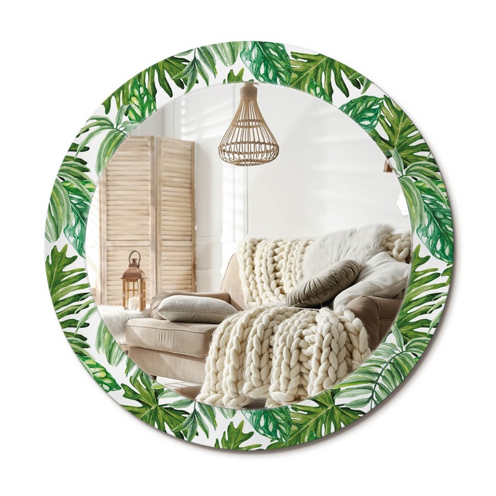 Kör Alakú Tükör Mintával, Decormat, Dzsungel Levelek, Zöld, Ø70 cm, Stílusos Fali Dekoráció,, 010090550100300012048