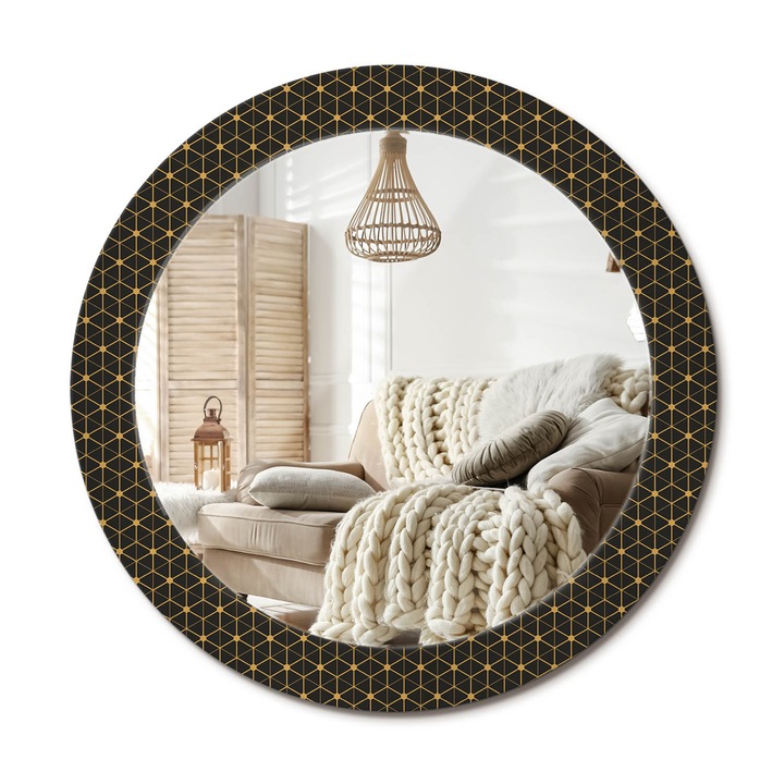 Kör Alakú Fali Tükör Nyomtatással, Decormat, Hatszögletű Geometria, Fekete, Ø70 cm, Lakásdíszítő Fali Tükör,, 010090550100300012743