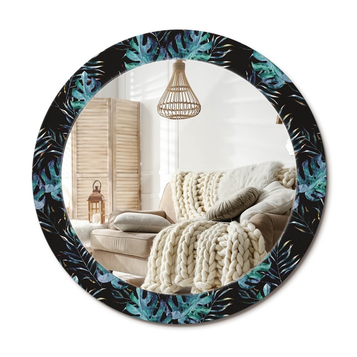 Kör Alakú Tükör Mintával, Decormat, Egzotikus Levelek, Fekete, Ø70 cm, Stílusos Fali Dekoráció,, 010090550100300010874