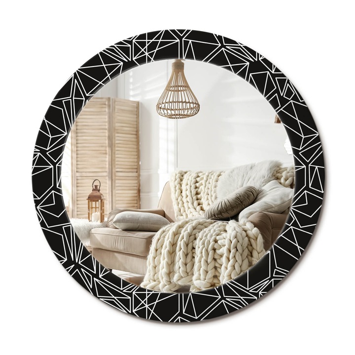 Kör Alakú Tükör Mintával, Decormat, Geometrikus Minta, Fekete és fehér, Ø70 cm, Stílusos Fali Dekoráció,, 010090550100300013019
