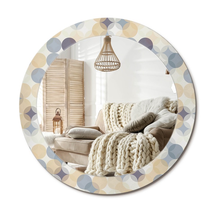 Kerek Tükör Kerettel És Nyomtatott Mintával, Decormat, Geometriai Körök, Bézs, Ø70 cm, Beltéri Dekorációs Elem,, 010090550100300029949