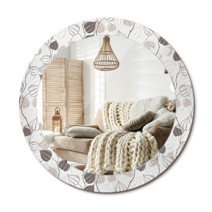 Kör Tükör Nyomtatott Mintával, Decormat, Absztrakt Virágos, Szürke, Ø70 cm, Fésülködőasztalhoz És Gardróbba,, 010090550100300012969