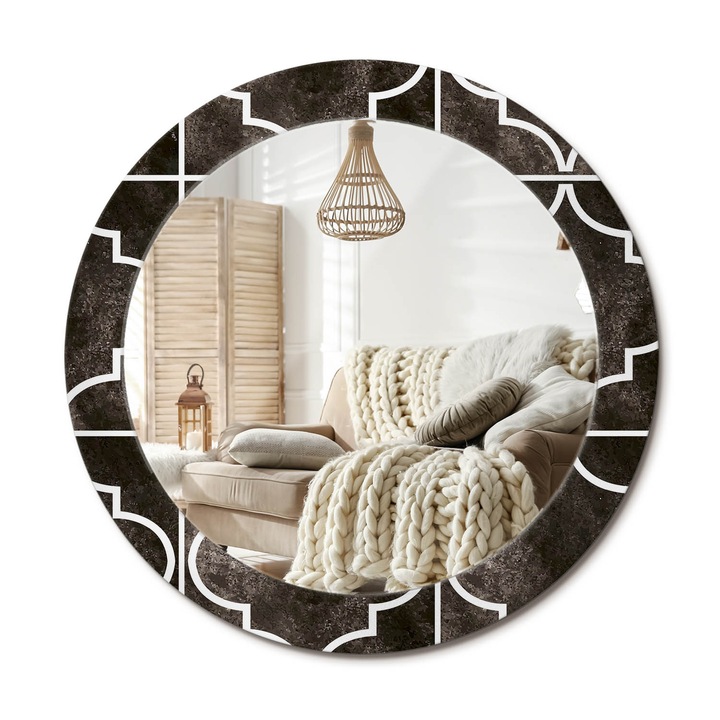Kör Tükör Nyomtatott Mintával, Decormat, Antik Minta, Fekete és fehér, Ø70 cm, Fésülködőasztalhoz És Gardróbba,, 010090550100300020807