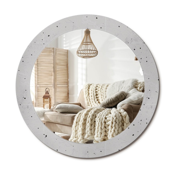 Kerek Tükör Kerettel És Nyomtatott Mintával, Decormat, Beton Textúra, Szürke, Ø70 cm, Beltéri Dekorációs Elem,, 010090550100300020867