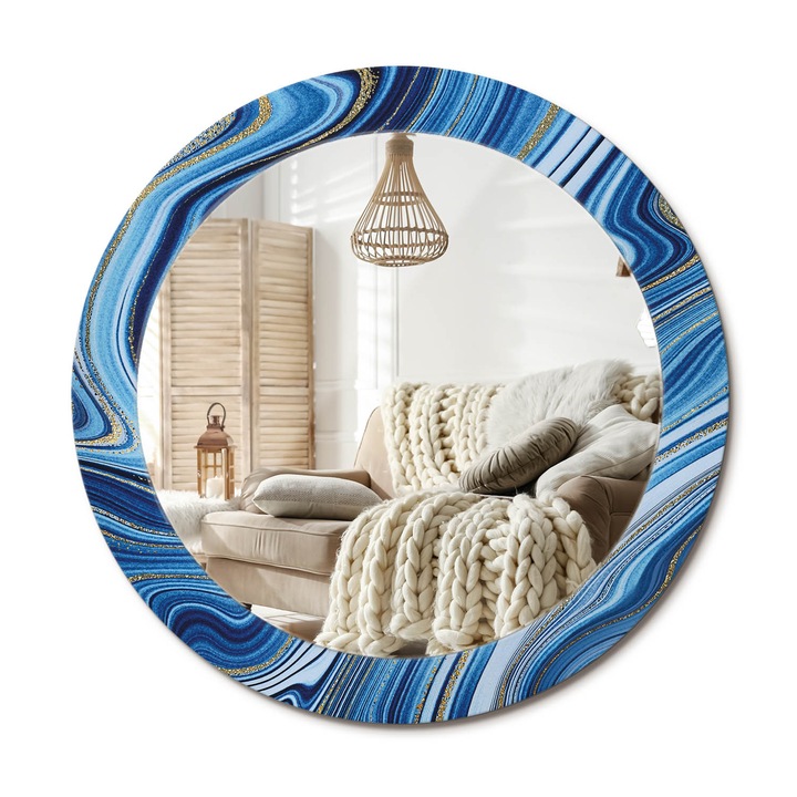 Kerek Fali Tükör Nyomtatott Mintával, Decormat, Márvány Folyó, Aranyszín, Ø70 cm, Nappali Szoba Díszítésére,, 010090550100300020892